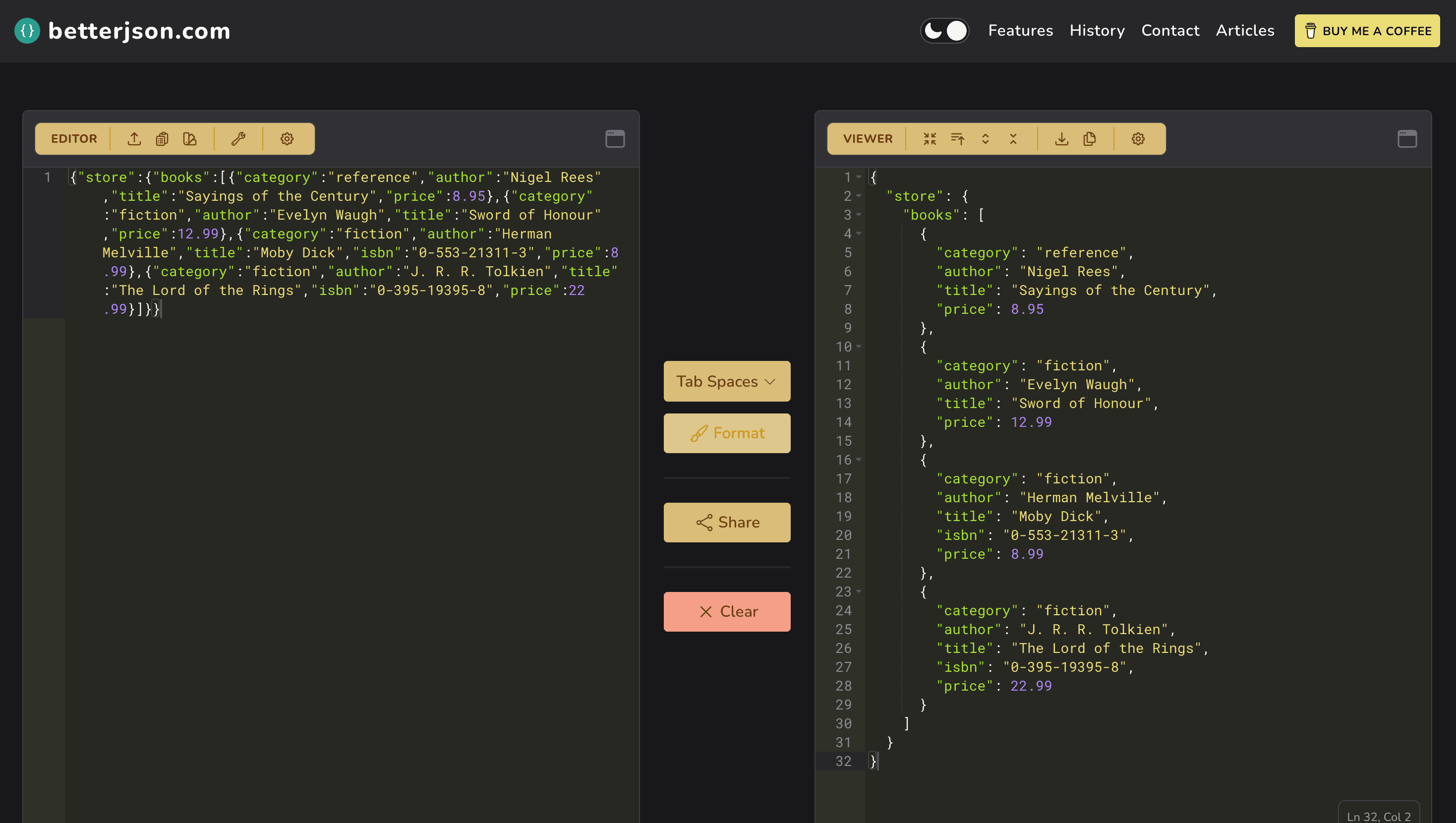 A screenshot of the betterjson.com homepage with dark mode enabled