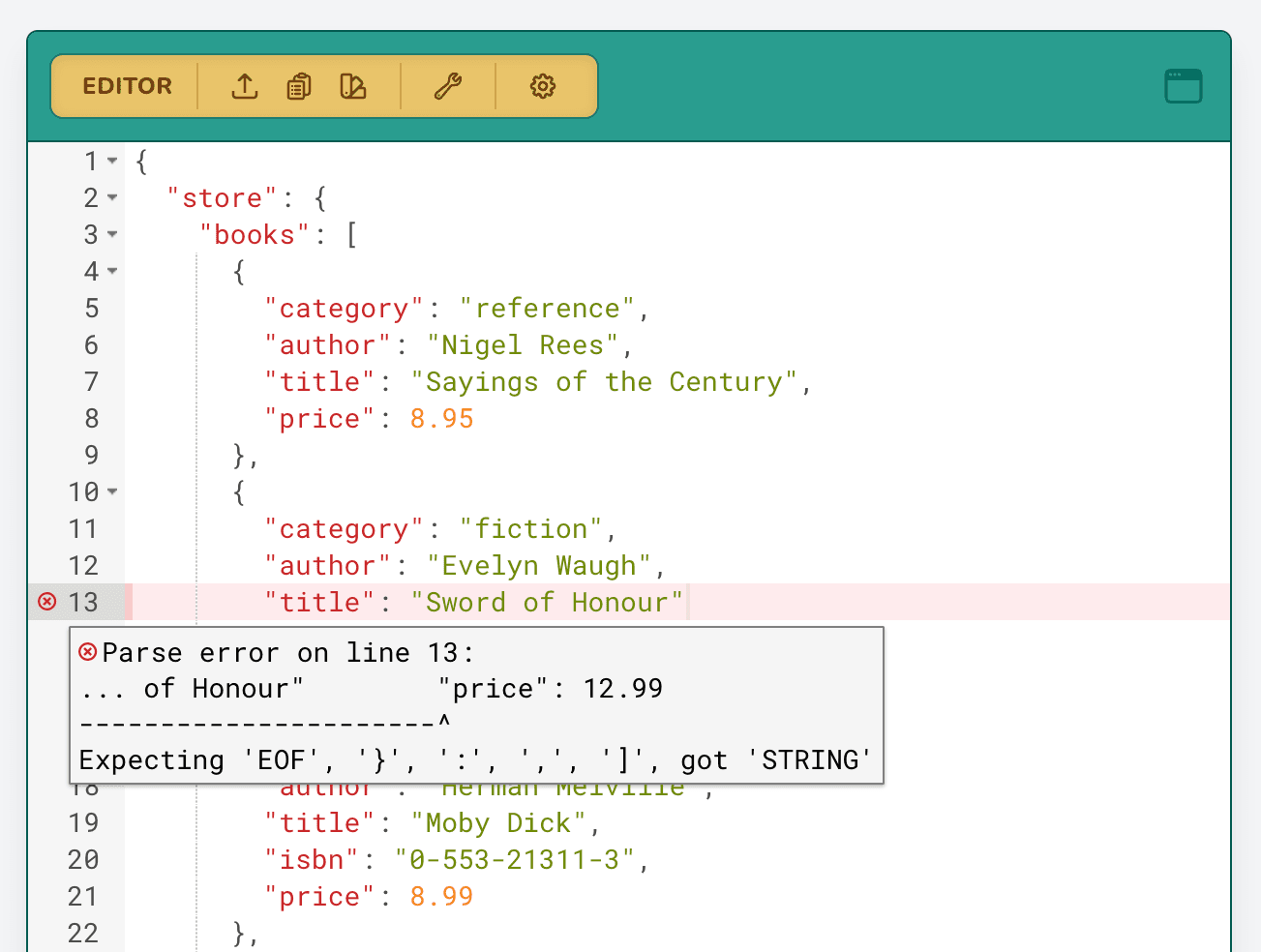 A screenshot of betterjson.com's JSON error highlighting